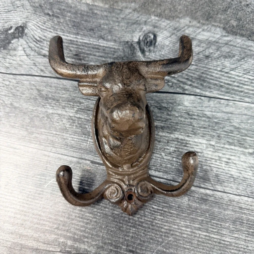 Cast Iron Bull Double Wall Hook Western Ranch Farmhouse Decor